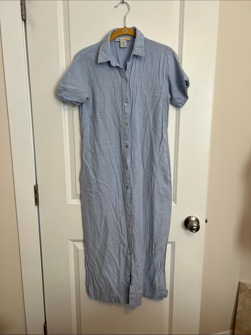 C&C California Blue Linen Maxi Shirt Dress Size XS Coastal Button Front
